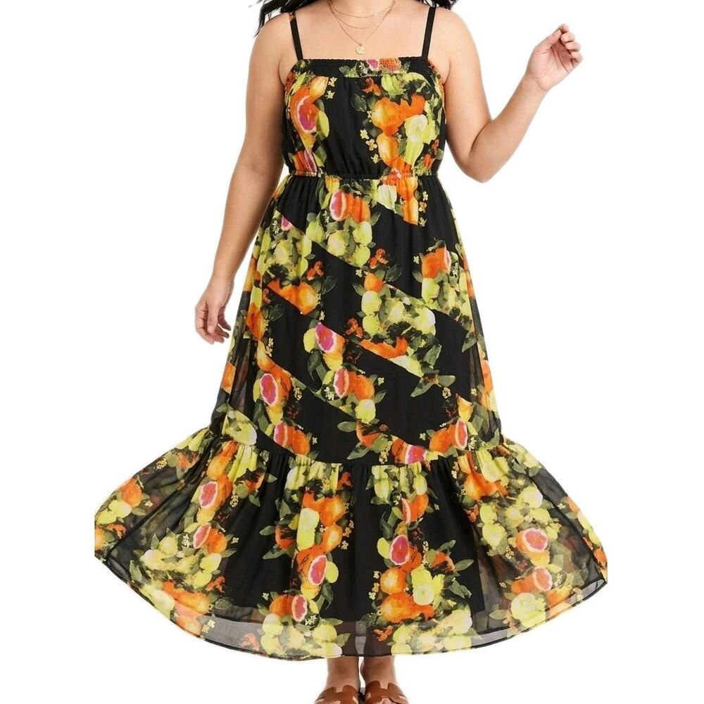 Lane Bryant Citrus Fruit Floral Maxi Dress 22/24 NWT Black Tiered Tropical Plus